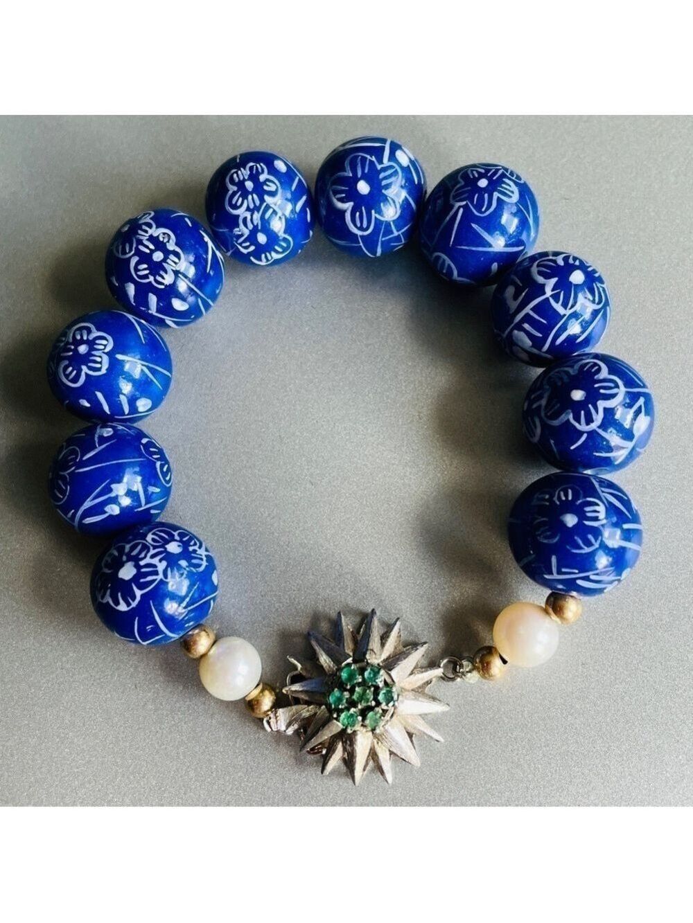 14K White Gold Emerald Pearl CHINESE Blue Floral Porcelain Bead Bracelet…